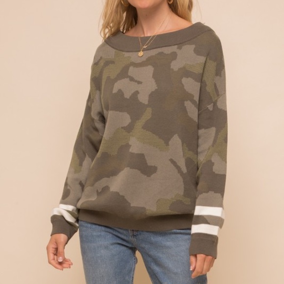 Cozy Olive Off Shoulder Camo Sweater Top - Picture 5 of 7